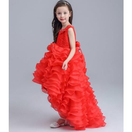 New Pretty Scoop Red Flower Girls Dresses 2016 Floor-Length Girls Holy First Communion Layered Dress for Wedding and Party
