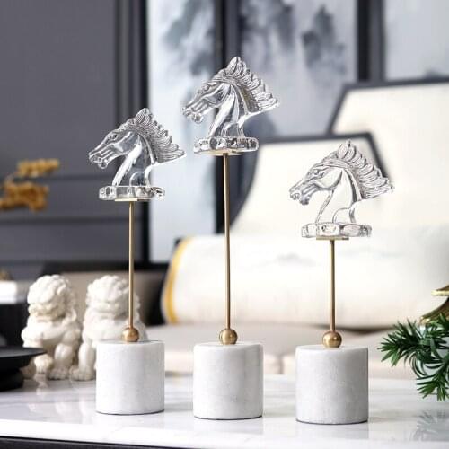 Transparent Crystal Horse Head Ornament Home Decor Crafts White Marble Base Office Statues Accessories Wedding Gift Figurines