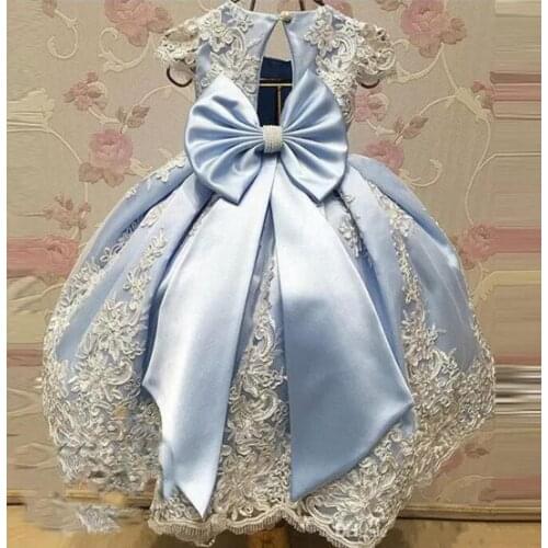 Light Blue Girls First Birthday Dresses with Lace Appliques Cap Sleeve Pageant Gown For Kids Photography