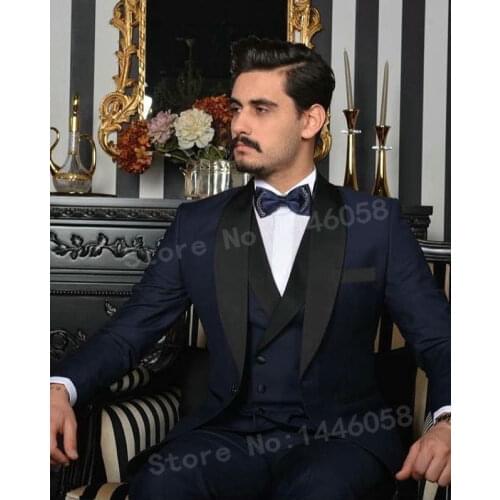 SZ Elegant Brand 3 Pieces Men Suits 2018 Groom Wear Terno Slim Navy Blue Party Suits Groomsman Wedding Suits For Men Tuxedos