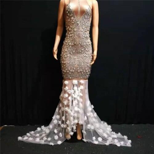 T37 Female mesh eveing long dresses flower rhinestone hip skirt party dance wears crystal stretch outfit elastic diamonds clothe