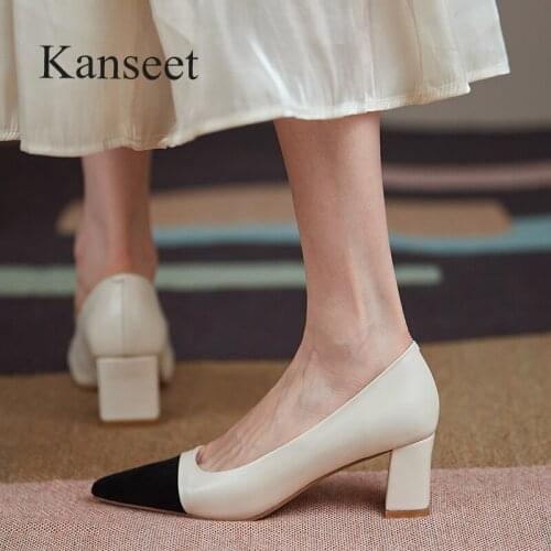 Kanseet High Heels Real Leather Slingbacks Shoes Women Pointed Toe Pumps Thick Heel Shoe Brand Design Lady Footwear 2021 Size 40