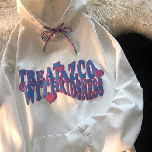 Japanese retro sweet and cute couple foam letter printing warm round neck hooded sweater loose long-sleeved shirt Harajuku