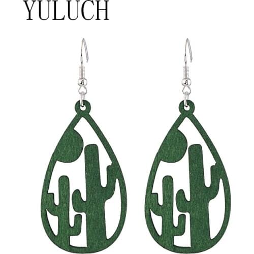 YULUCH 2021 woman natural wood water drop cactus pendant earrings girl new hollow out art elegant jewelry ladies party casual
