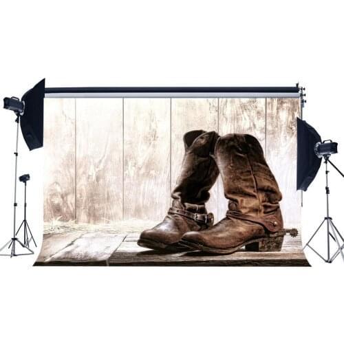 West Cowboy Backdrop Vintage Boots on Grunge Vintage Stripes Wood Plank Straw Rustic Wooden Floor Photography Background