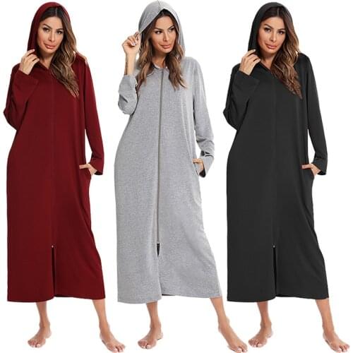 Witbuy Autumn Womens Zipper Front Robe Coat With Pockets Modal Bathrobe Hooded Solid Long Sleeve Night Wear Women Gown 2021