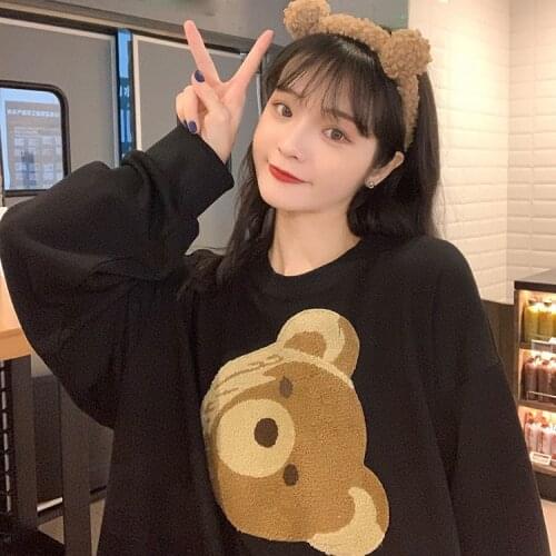 3D Bear Pattern Embroidery Harajuku Long Sleeve Ladies Pullover Hoodie Korea Fall 2020
