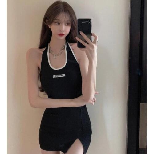 Women Halter Neck Summer Sleeveless Mini Dress Sexy Backless Beach Party Club Dresses Ladies Split Bodycon Dress