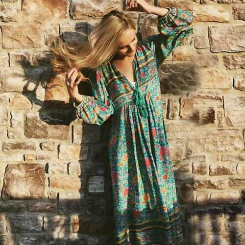 AYUALIN long sleeve Green floral print boho dress autumn rayon V-neck tassel women dresses bohemia loose Hippie dresses vestido