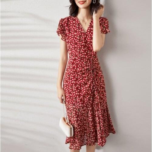 Red Print Cherry Floral Silk Crepe Dresses Women Fashion 2021 Summer Long Casual Sexy Office Work Daily Dress Plus Size Slim