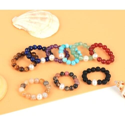 16 Style Bohemian Natural Stone Freshwater Pearl Charm Bead Rings Women Girls Wedding Party Ring Elastic Adjustable BOHO Jewelry