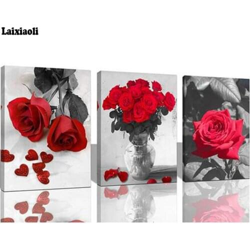 3pcs Diamond Painting full Square Round Daimond Red Roses Vase picture Mosaic Rhinestone Embroidery diamant wall decor stickers