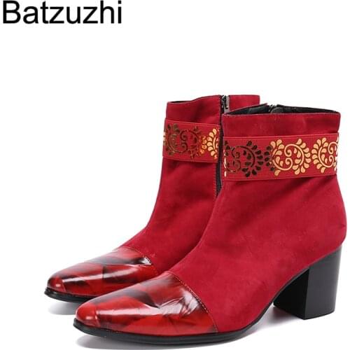 Batzuzhi Heels Boots 7.5cm HighMen Pointed Toe Black Suede Leather Ankle Boots Men Zip Motorcycle Botas Hombre, Big Size US6-12
