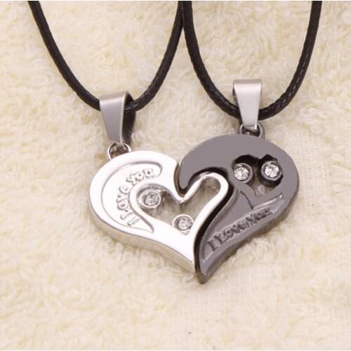 2020 New Men Women Stainless Steel Crystal Love Heart Twin Pendant Necklace Birthday Gift for Couple Lover Girlfriend Boyfriend