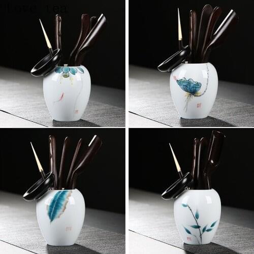 Tea set Chinese Kung Fu hand-painted ebony ceramic retro style natural tea spoon exquisite spoon portable sandalwood supplies