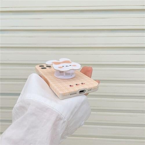 Cute Cartoon Lattice Rabbit Stand Holder Paste Phone Case For iPhone 6 7 8 Puls X XR XS 11 12 Pro Max Mini Lovely Cover Funda