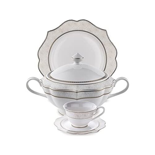 Schafer 87 Piece with Lace Elegantia Caroline Series Fine Bone Dinner Set SHF 12001 with Lace