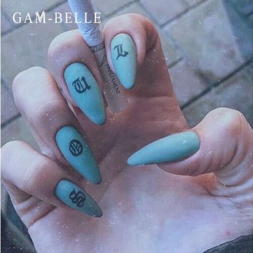 GAM-BELLE Matte Letter Pattern Fake Nails Punk Style Long Almond Shape Full Cover Fake Press On Nails DIY Manicure Nail Art Tool