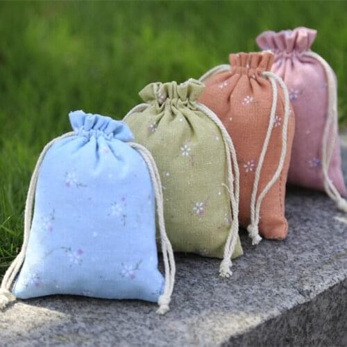 100pcs 9.5*13cm Cotton Bag Drawstring cotton bags Gift Candy Beads Bags with lovely flower Wedding Decor 4 colors