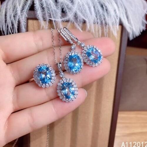 KJJEAXCMY fine Jewelry 925 sterling silver inlaid natural blue topaz noble pendant ring earring set support test Chinese style