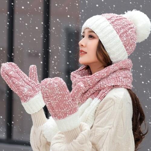 3-Piece Set Winter Hats For Women Female Hat Scarf Gloves Set Ear Protection Warm Thick Knitted Hat