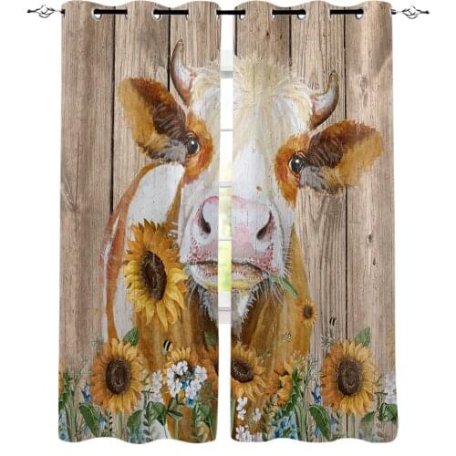Cow Sunflower Farm Wood Plank Texture Blackout Curtains For Kitchen Bedroom Kids Room Window Treatment Curtains for Living Room