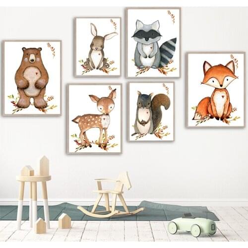 Bunny Bear Sika Deer Fox Owl Raccoon Kawaii Wall Art Canvas Painting Nordic Posters And Prints Wall Pictures Kids Room Decor