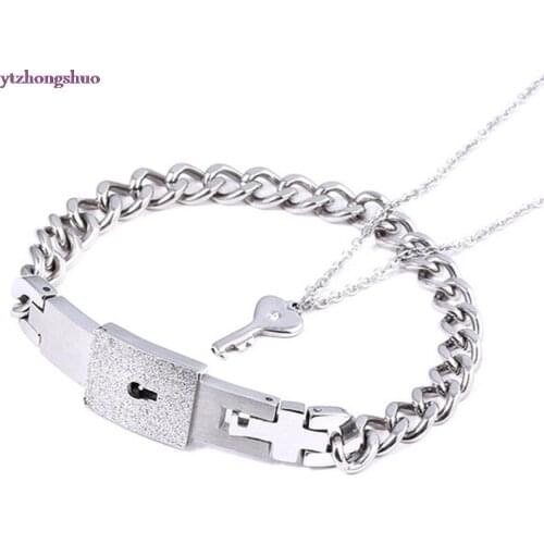 Fashion A Couple Jewelry Sets For Lovers Stainless Steel Love Heart Lock Bracelets Bangles Key Pendant Necklace Couples Set
