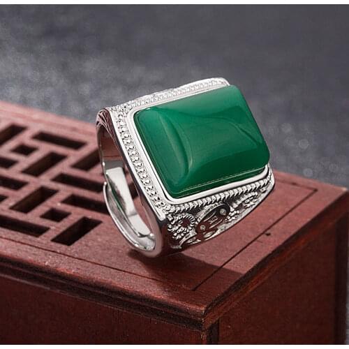 925 Silver Men Ring Geometric Shaped Emerald Jade Resize Finger Jewelry Ornaments For Wedding Party Green Stone Rings Dropship