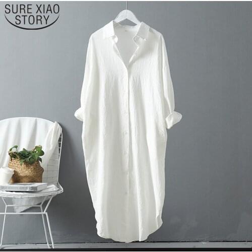 New 2021 Cotton Long Section Shirts Plus Size Summer Women Blouses Linen Cottons Casual White/Blue Women Ladies Tops 6793 50