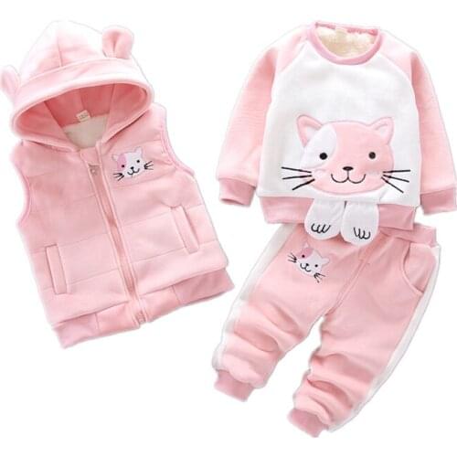 Baby Girls Clothes 2020 Winter Pure Cotton Thick Warm Casual Hooded Sweater Cartoon Cute Cat Three-Piece Baby Boy Suit
