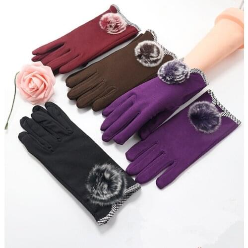 Womens winter gloves genuine fur autumn elegant cotton glove real rabbit fur pompom drivers gloves mittens bouncy