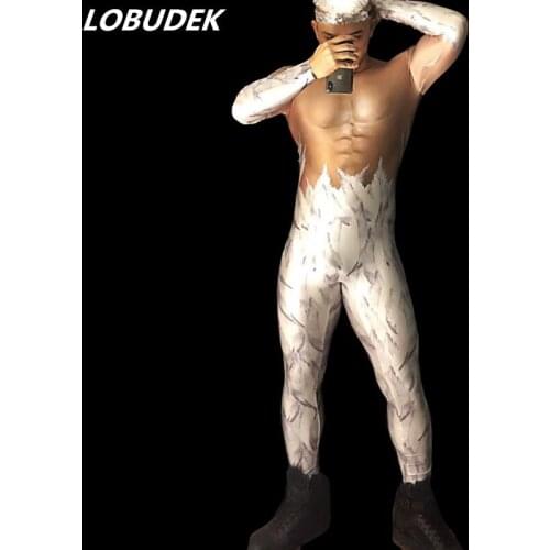 Sexy Men White Feather Printed Muscle Jumpsuit Elastic Skinny Tights Bar Club Party DJ Dancer Stage Wear Pole Dancing Costume