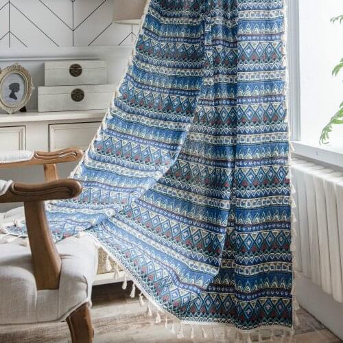 Cilected Blue Geometric Printed Curtain Bohemian Home Fringe Lace Semi-Shading Bay Window Curtain Kitchen Partition Curtain Deco