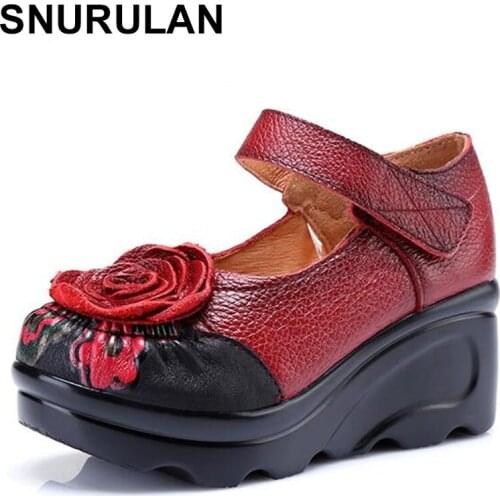 SNURULAN Woman Genuine Leather Unique High Heel Shoes Platform Womens Shoes Flowers