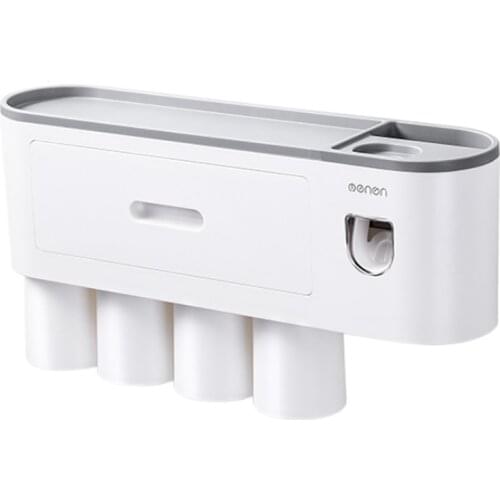 MENGNI Toothbrush Rack with 4 Cups for a Family Free Punching Mouthwash Brushing Cup Wall-Mounted Bathroom Storage Set