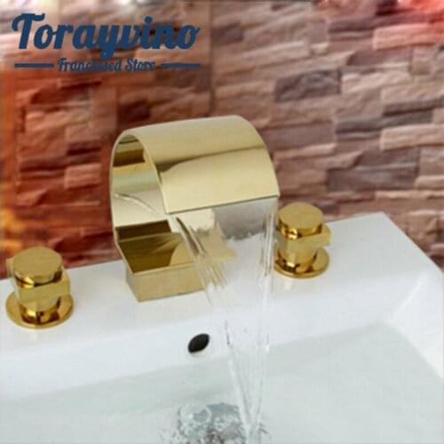 Torayvino Bathroom Faucet Bathtub waterfall tap Gold Brass Taps Double Handles Basin Faucets Waterfall effluent water mixer Tap