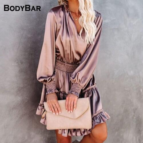 Spring Summer Long-sleeved Satin Mini Dress Solid Color Waist Ladies Dresses 2021 New Arrivals High-quality Sexy Femme Vestidos