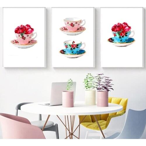 Vintage Teacup With Peony Posters and Prints Watercolor Shabby Chic French Country Home Kitchen Art Canvas Painting Wall Decor