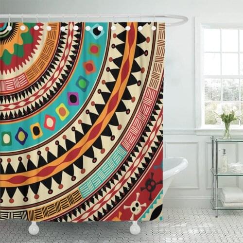 Abstract Aztec Mandala Black Drawn Graphic Henna Maya Shower Curtain Waterproof Fabric 60 x 72 Inches Set with Hooks