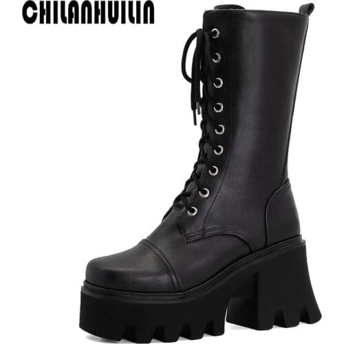 Black pu leather gothic boots woman chunky high heel chain platform riding boots female punk style lace-up ankle boots for women