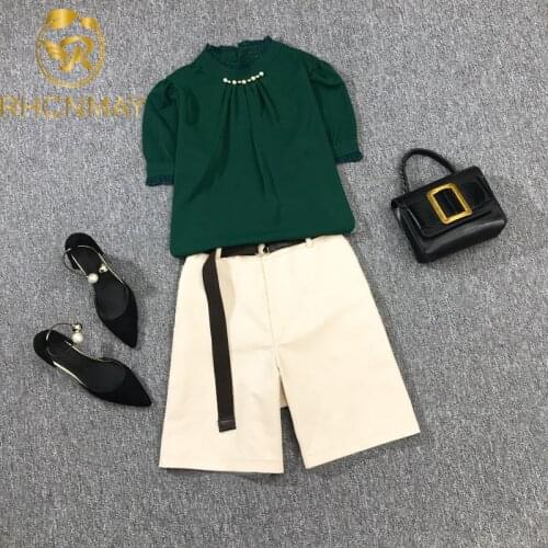 New Summer 2 piece set Beading Chiffon Tops Short Sleeve T shirt + Wide Legs Shorts With Belt Womens Set Casual Shorts Suit
