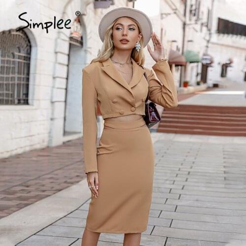 Simplee Office hollow out two pieces dress suit sets women Long sleeve button pads split sheath set Elegant v-neck business sets
