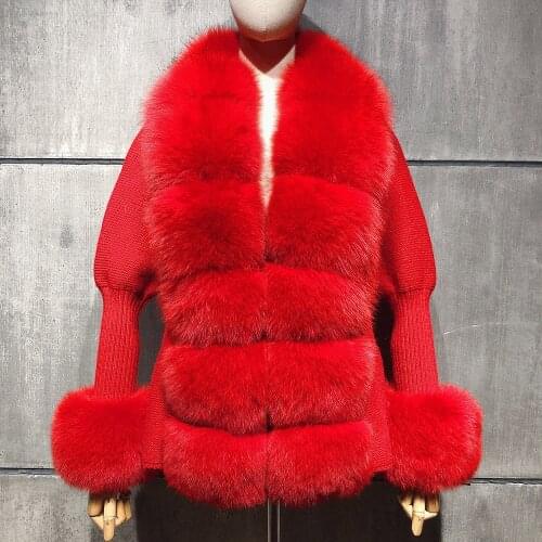 OLOAgain Winter Autumn Warm Women Real Fox Fur Collar Wool Sweater Cardigan Coat
