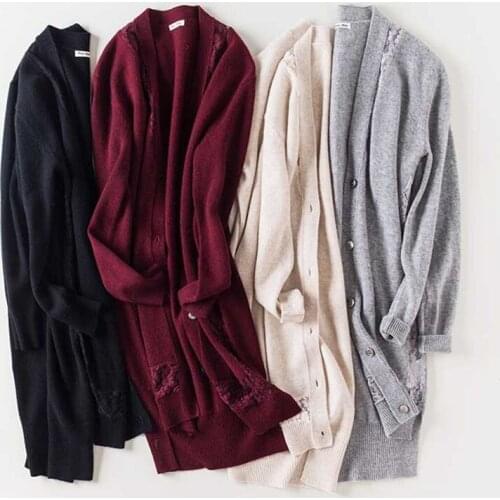 Cashmere wool blend knit women fashion lace spliced mid long cardigan sweater coat irregular length solid color M/L