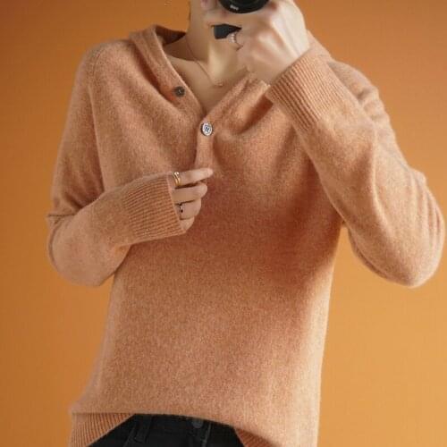 Autumn Winter New 100% Wool Warm Womens V-neck Pullover Sweatshirt Wild Casual Solid Color Buckle Knitted Bottoming Shirt