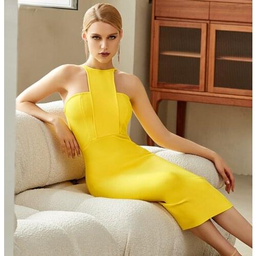 2021 New Summer Women Strapless Yellow Bodycon Bandage Dress Sexy Sleeveless Halter Celebrity Evening Runway Party Dresses