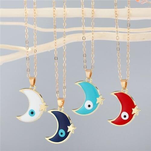 1Pcs Moon Star Turkish Blue Eye Necklace Jewelry Fashion Unique Colorful Evil Eye Enamel Geometric Pendant Clavicle Chain Choker
