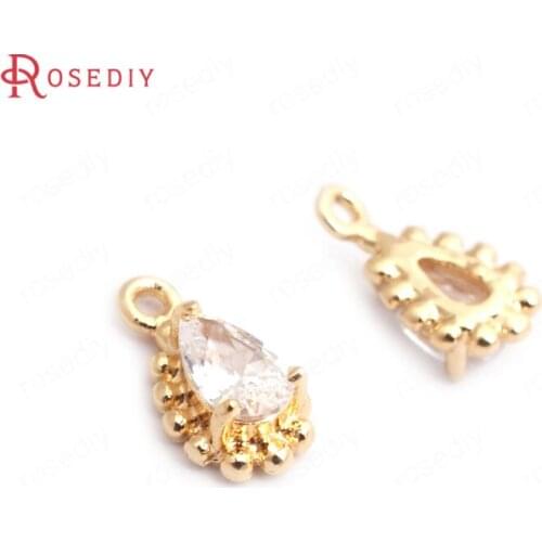 F010)10 pieces 9x5mm 24K Gold Color White Zircon Brass Drop Shape Charms Pendants High Quality Diy Jewelry Findings Accessories