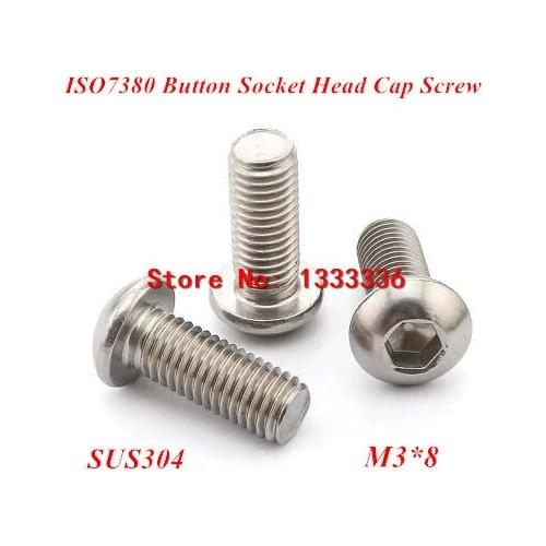 100pcs M3*8 ISO7380 Stainless Steel A2 Button Head Socket Screw / SUS304 Bolt M3x8mm